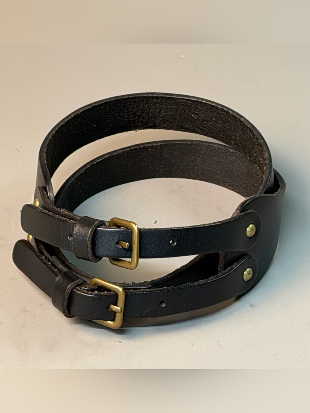 Black Leather Double Strap Bracelet with Brass Buckles